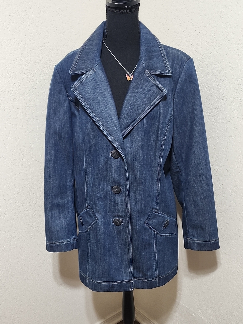 J. Jill Dark Wash Denim Blazer-Style Long Jacket Coat - Sz L (EUC) Fall Ready